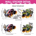 Detail view of 22pcs race car wall stickers showing 90x30cm layout and size specs - Monster Truck Team Style (UV26Y80195T_R) / 90x30cm