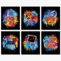 Set of 6 colorful game controller wall art posters on black canvas for gaming room - Artistic Splatter Device Style (24Y20176)