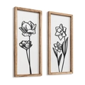 Zweiteiliges Set minimalistische 3D Holzrahmen Wandbilder mit schwarzen Blumen-Silhouetten - 3D Naturholz Metall Hohl Blumendesign (B（3D）)
