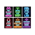 Set of 6 cyberpunk neon gaming wall art prints featuring EAT SLEEP GAME REPEAT slogans - Esports Slogans Neon Style (Game Console A)