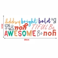 Detail view of colorful motivational letter wall stickers showing 89x32cm dimensions - Happy Brave (TBW9049)