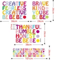 Specifiche delle dimensioni per gli adesivi murali in PVC colorati con lettere motivazionali - Combo Multicolore (TBW9054)