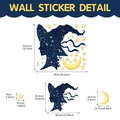 Pegatina pared Halloween silueta bruja PVC con luna y estrellas doradas diseño estrellado - Bruja Estrellada y Luna (TBW9212: 46*42.5cm)