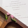 Macro detail of 3D pink tulip flower alloy charms with green leaves and golden loop for DIY - Pink Gold Ring