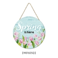 Spring is here round wooden door sign with pink tulips on light blue wood grain - E:29cmx29cmx0.5cm