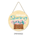 Wooden round welcome spring sign with flower basket design and hemp rope hanger - F:29cmx29cmx0.5cm