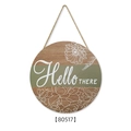 Wooden round spring welcome sign with Hello There text and rustic floral accents - J:30cmx30cmx0.5cm