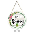 Wooden round welcome sign featuring Hello Spring text with a cute frog and floral wreath - P:30cmx30cmx0.5cm