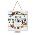 Square wooden Hello Spring welcome sign with floral patterns and bee motifs and jute rope - R:30cmx30cmx0.5cm