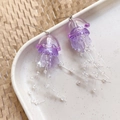 Macro detail of purple resin jellyfish earrings with long beaded tassels and pearls - Purple