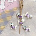 Close-up of five cute purple plaid puppy resin beads for DIY jewelry handmade crafts - Purple Plaid Puppy