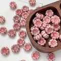 Detail of vintage double-sided flower glass beads in light pink with red glaze accents - 1 Piece / Pink White