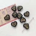 Detailed close-up of retro black heart glass beads with gold hand-painted floral embossing - 19# Black/Gold