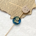 Detail of vintage blue bead with gold sunflower carving and small wooden bear charm pin - Frosted Blue Gold Sunflower With Wood Bear Head (Style 16)