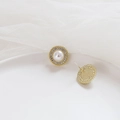 Detail of gold pearl earrings with rhinestone halo and silver pins on white mesh background - Round Rhinestone Pave Style (5#)