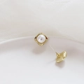 Macro view of square gold stud earrings with white pearls and wave edge detail - Square Wavy Border Style (6#)