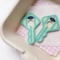 Close-up of key-shaped acrylic charms with mint green and yellow stripes and Good Lucky text - Green