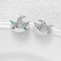Detail of 14K gold plated wizard hat earrings with blue enamel opal inlay and silver finish - White Gold