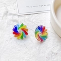 Detailed view of colorful rainbow umbrella stud earrings with gold plating on white surface - Multicolor Spiral Rainbow Style (3#)