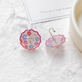 Detailed close-up of pink mini umbrella earrings with colorful floral prints and gold hooks - Pink Transparent Colorful Flowers Style (6#)