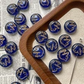 Detail of blue glass beads with gold hand-painted peace bird patterns on vintage paper - Deep Blue Bird Style / 1 Piece Pack