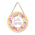 Close-up of hello Spring wooden sign with pink tulips and a rustic twine hanger - Hello Spring Style (A Style)