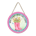 Spring welcome wooden sign featuring pink rain boots and vibrant floral tulip patterns - April Showers Rain Boots Style (C Style)