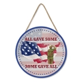 Wooden patriotic welcome sign with USA flag and soldier graphic, hanging on burlap rope - Saluting Soldier Style (M24Y50113_Q)