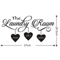 Black vinyl Laundry Room wall decal with Wash Dry Repeat hearts, size 57x28.5cm - 57x28.5cm