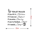 Creative black PVC Toilet Rules wall decal with humorous icons measuring 25x29cm - 29x25cm