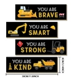 Set of 4 wooden cartoon construction vehicle wall signs for boys bedroom decor - Excavator Style / 30x8x0.5cm