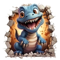 Detail van 3D blauwe cartoon dinosaurus muursticker voor decoratie van kinderkamer - Blauwe Glimlachende Baby Dinosauriër (CK112) / 12*12cm