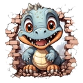3D muursticker met een schattige blauwe cartoon draak die door een bakstenen muur breekt - 12*12cm