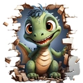 3D broken wall sticker featuring a cute green cartoon dragon with big orange eyes - Green Dinosaur Breaking White Bricks (CK116) / 11.5*12cm