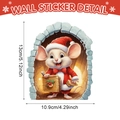 Adesivo murale 3D natalizio con un topo carino in cappello e vestito rosso - Stile Topo Che Rompe Il Muro (A)