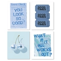 Set of four modern blue art posters featuring disco cherries and inspirational quotes - 20x25cm / Style C