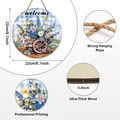 Spring welcome door sign with blue plaid pattern and floral cart on round wood plaque - Blue White Plaid Sunflower Style (Style E)