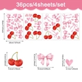 Pack de 36 pegatinas de pared con lazos rosas y cerezas incluye 4 hojas de PVC adhesivo - Combinación de Pegatinas de Cereza Lazo Corazón (UV24Y11284T_T) / 20x30cm*4 Hojas