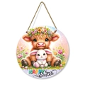 Insegna rotonda pasquale in legno con illustrazione di mucca e coniglio da porta - 30*30*0.5cm / Stile Mucca delle Highlands e Coniglietto (M24Y50761_Q)