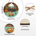 Round Summer Camp wooden door sign featuring a colorful school bus and palm trees design - Summer Camp School Bus Style (Y24Y50878_O)