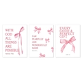 Detail of three-piece pink bow art set with motivational bible quotes on white panels - 30x40cm / Style 24Y20837 (Canvas Core Only)