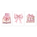 Set of 3 pink ribbon farmhouse wall art posters featuring vintage books and floral decor - 30x40cm / Style 24Y20836 (Canvas Core Only)