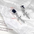 Macro shot of gothic black rose earrings with silver thorn details and size markings - Black Rose Long Charm Pendant (12#)
