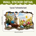 Detailed 3D wall sticker showing a rabbit with Easter eggs and realistic broken wall effect - White Rabbit Flower Basket Eggs Style (UV24Y11500T_R)