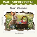 3D Easter rabbit and eggs wall sticker with cracked wall effect for kids room décor - Brown Rabbit Guarding Basket Style (UV24Y115003T_R)