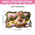 3D Easter bunny and colorful eggs wall sticker with realistic broken wall effect for kids - Brown Rabbit Flowers Eggs Style (UV24Y115004T_R)