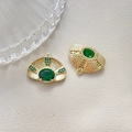 Detailed view of gold plated fan-shaped jewelry pendant with green emerald and crystals - Green Fan-Shaped (1#)