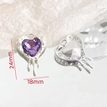 Macro detail of 24x18mm silver heart pendant with purple gemstone and fluid metal design - Melting Heart - Purple (11#)