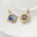 Detailed front and back views of gold plated camellia clasps with blue stones - 2# 18k Starry Blue