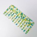 Wide tooth hair comb with yellow and blue marble acetate floral texture for styling - Light Green Floral